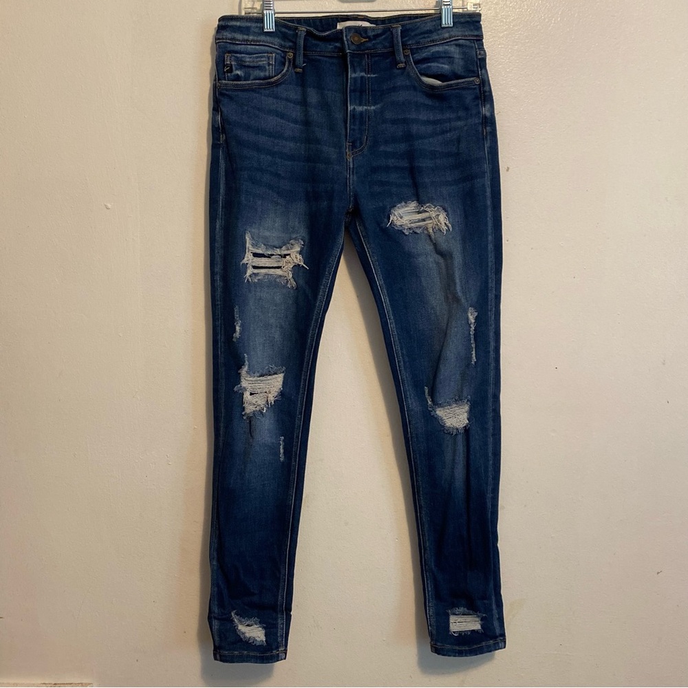 Kancan Size 11/29 Dark Blue Skinny Jeans with‎ Tapered Leg Distressed Denim